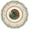 Die-Cut placemat with a turkey in the middle, with decorative borders around the turkey in brown, blue and cream colors. 