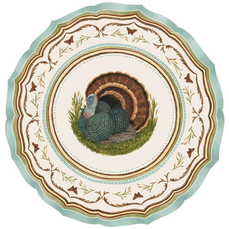 Die-Cut placemat with a turkey in the middle, with decorative borders around the turkey in brown, blue and cream colors. 