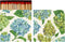 An open matchbook with illustrations of green and blue hydrangeas and matches with red heads poking out of the top. 