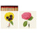 An open matchbook with illustrations of people holding oversized flowers, and matches with red heads poking out of the top. 