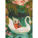 A painting of a man and woman in a swan shaped boat in the middle of a pond. Pink vining flowers frame the scene, and two swans can be seen in the background facing each other. Gold cursive text on the swan boat reads "Happy Anniversary".