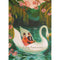 A painting of a man and woman in a swan shaped boat in the middle of a pond. Pink vining flowers frame the scene, and two swans can be seen in the background facing each other. Gold cursive text on the swan boat reads "Happy Anniversary".
