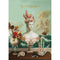 A painting of a bust of a woman, covered in shells and other underwater elements such as anemone. The bust sits on  wooden table that also displays a vase of flowers, more shells, and a coral used as a candle holder. The background of the painting is a ship sailing on the ocean with clouds behind it. Gold cursive text at the top reads "You're a Goddess".