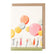 White card with a watercolor painting of people holding large balloons.