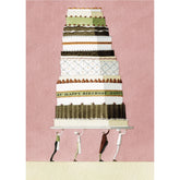 Greeting card with a watercolor painting of a small people holding an oversized cake.