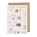 Light pink greeting card with watercolor paintings of different cakes and cake slices.