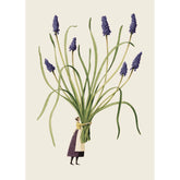 White card with a watercolor painting of a small woman holding an oversized bundle of muscari.