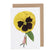 White card with a watercolor painting of a small woman holding an oversized yellow and purple pansy.