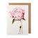 White card with a watercolor painting of a small man holding an oversized pink peony.