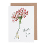 White card with a watercolor painting of a small woman holding an oversized red and white carnation with blue cursive text that says "Thank you".