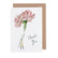 White card with a watercolor painting of a small woman holding an oversized red and white carnation with blue cursive text that says "Thank you".