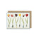 A white card with a watercolor painting of a row of six small women holding oversized tulips above their heads.