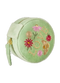 A light green velvet round jewelry box with embroidered flowers, a bee, and the word 'LOVE' on the front, featuring a side strap and a gold zipper.
