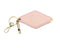 A baby pink diamond-shaped leather keychain with a brass key ring, split ring, and whistle. Engraved on the keychain is the phrase "Some days I wish I had more middle fingers."