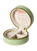 A light green velvet round zipper jewelry box, shown open to reveal a cream-colored interior with multiple compartments and a pink brand label.