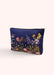 A navy blue velvet zip pouch with pink, orange, yellow and white flowers embroidered onto it. 