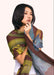 A woman with short black hair wearing a wool wrap scarf with a dark purple, blue and green floral pattern on it.