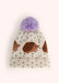 A white children's knit hat with hedgehogs, green polka dots, and a lilac pompom on the top, against a white background.