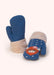A pair of blue knit children's mittens with orange highland cows and white polka dots, on a white background. 
