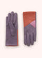 A pair of velvet gloves with a purple and tanorange geometric design on them.