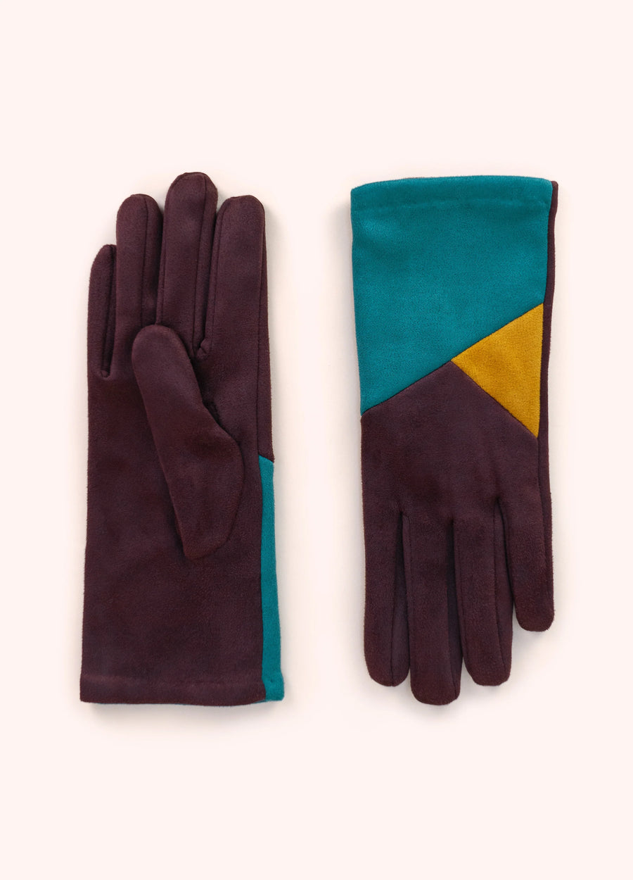 A pair of velvet gloves with a blue, deep grape, and yellow geometric design on them.