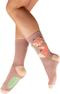 Mauve-brown socks with ab orange fox image, against a white background.