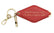 A red diamond-shaped leather keychain with a brass key ring, split ring, and whistle. Engraved on the keychain is the phrase "Stop driving me crazy, I'm close enough to walk."