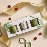 A boxed set of three votive candles, in shades of green and white plaid patterns. The box is laid on a cream background, with gold and green ribbon and cranberries scattered around it.