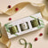 A boxed set of three votive candles, in shades of green and white plaid patterns. The box is laid on a cream background, with gold and green ribbon and cranberries scattered around it.