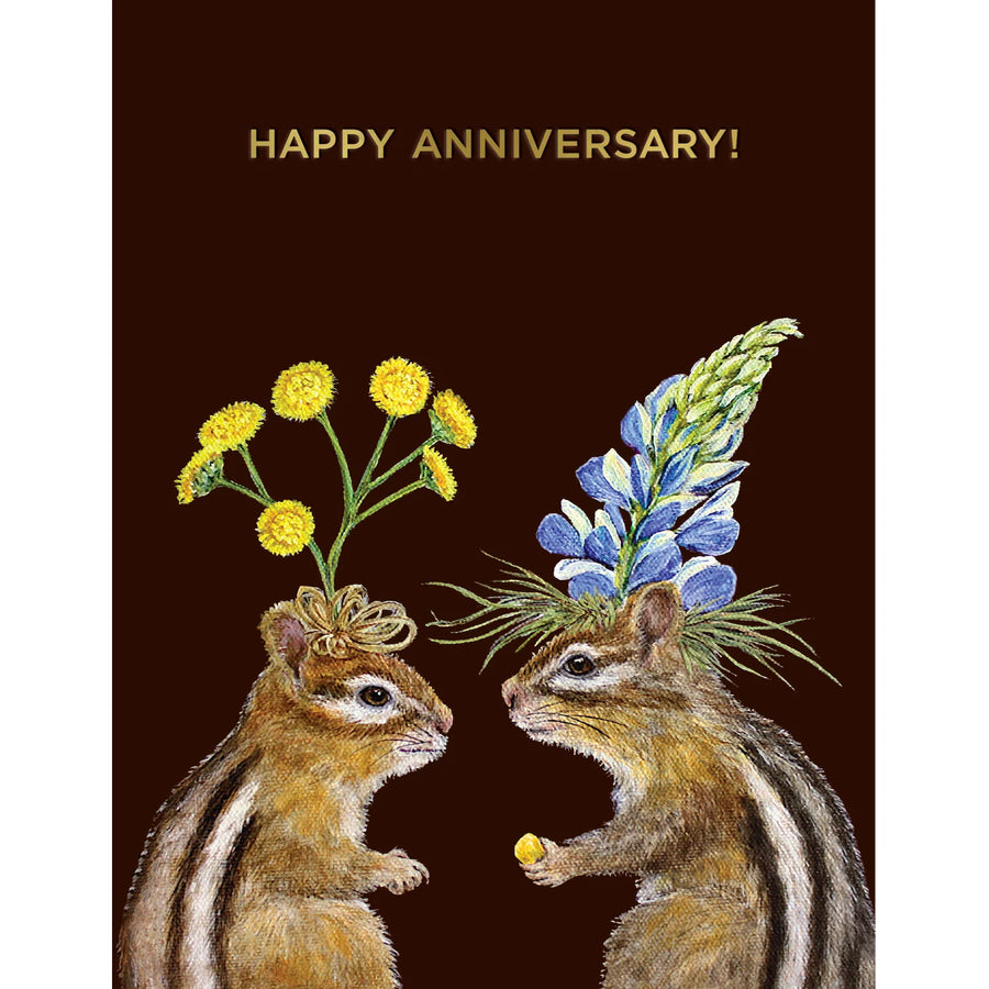 Two chipmunks, each with a flower on their heads. Above them , gold text reads "Happy Anniversary!"