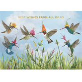 A watercolor painting of hummingbirds flying above grass and wildflowers, each with a flower on their heads. Gold text above them reads "Best wishes from all of us".