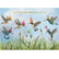 A watercolor painting of hummingbirds flying above grass and wildflowers, each with a flower on their heads. Gold text above them reads "Best wishes from all of us".