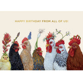 A cream colored card with seven chickens, each with a flower or plant on their heads. Gold text above them reads "Happy birthday from all of us!"