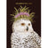 A black card with a painting of a snow owl with thistle flowers on its head for a crown. Gold text above it reads "Celebrating you".