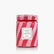 Red and white striped jar candle against a white background.